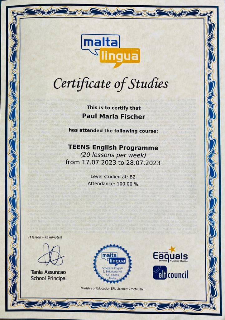 Certificate of Studies- Paul Fischer-Maltalingua Certificate of Studies- Paul Fischer-Maltalingua Foto: © Andrea Fischer