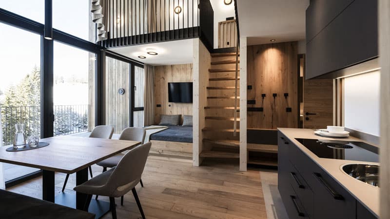 Hotel Maria Obereggen: Eco Lodge Innenraum mit Kueche Bild: Alex Filz